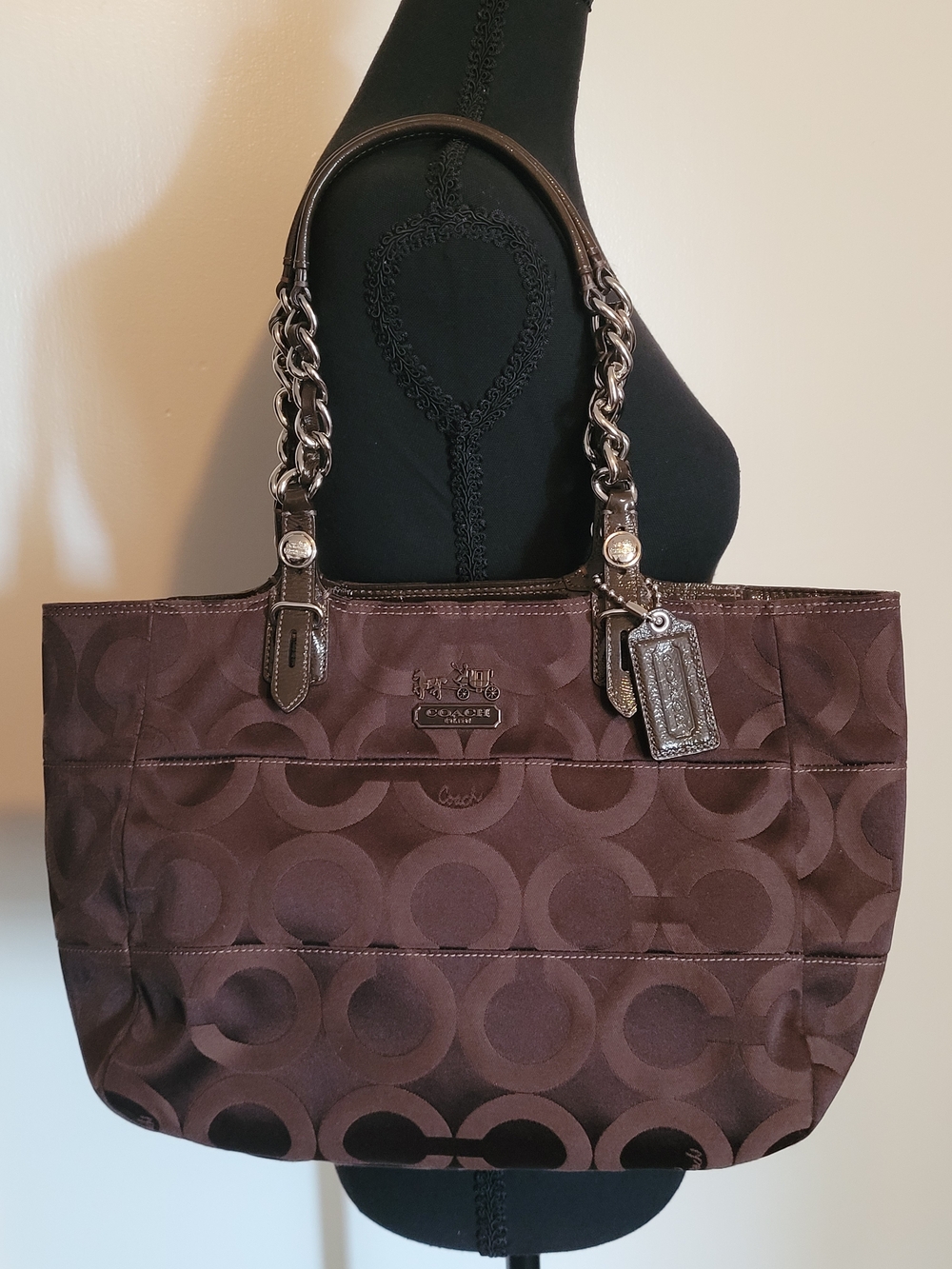 Coach 14133 Madison Tribeca Op Art Sateen Tote Brown Signature Chain-Handle